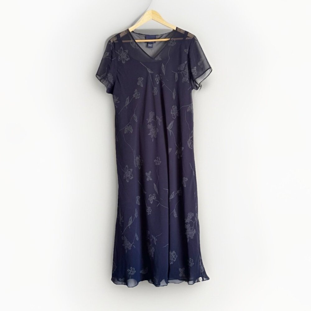 Vintage Venezia Women’s Blue Floral Sheer Overlay Midi Dress 14 V-Neck Y2K Fairy
